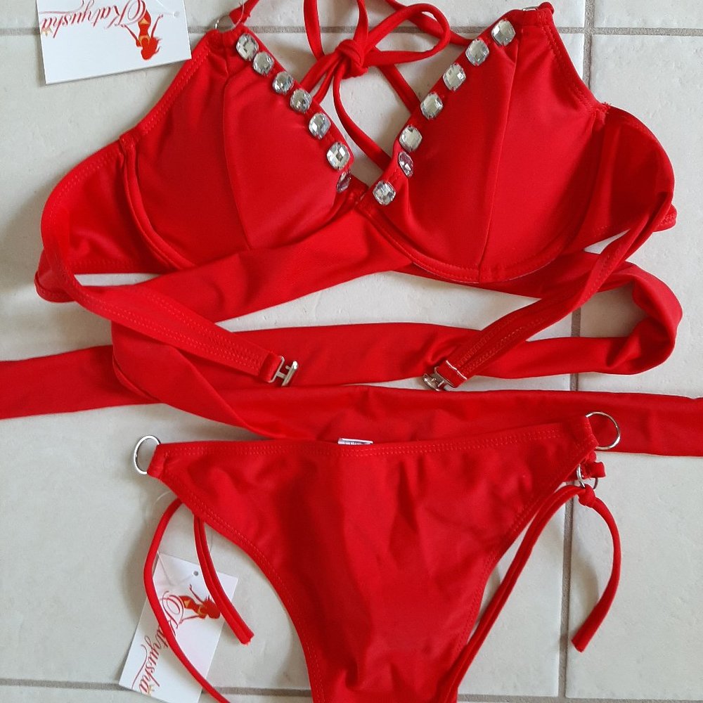 NWT Red Wrap Around Jeweled Bikini. - Picture 6 of 6
